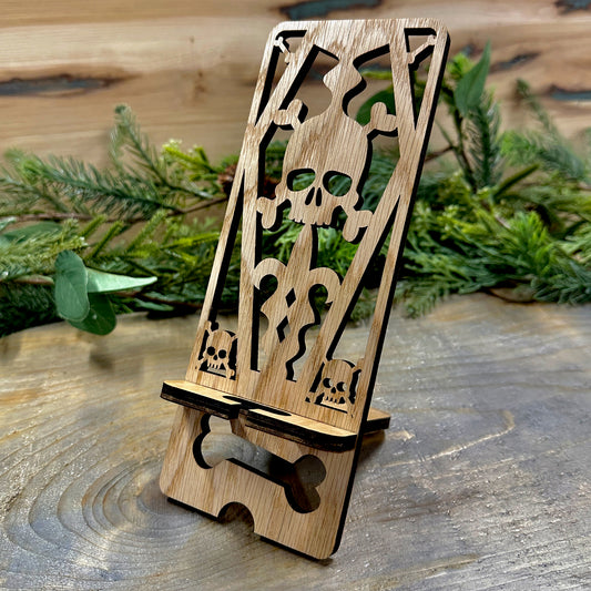 Wood Phone Stand and Decor - Skull, Crossbones and Casket Design