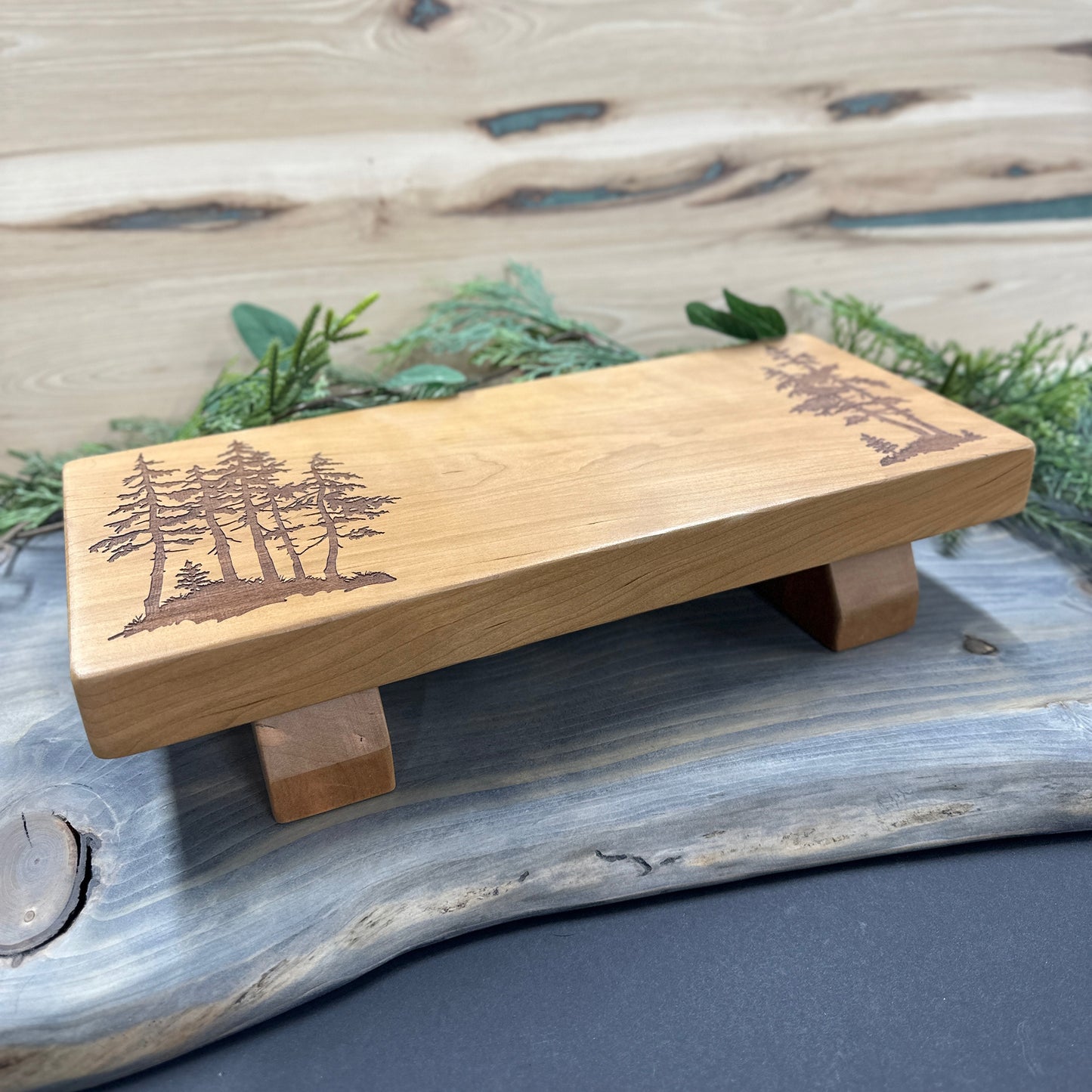 Raised Cherry Display Stand with Tall Pine Engraving