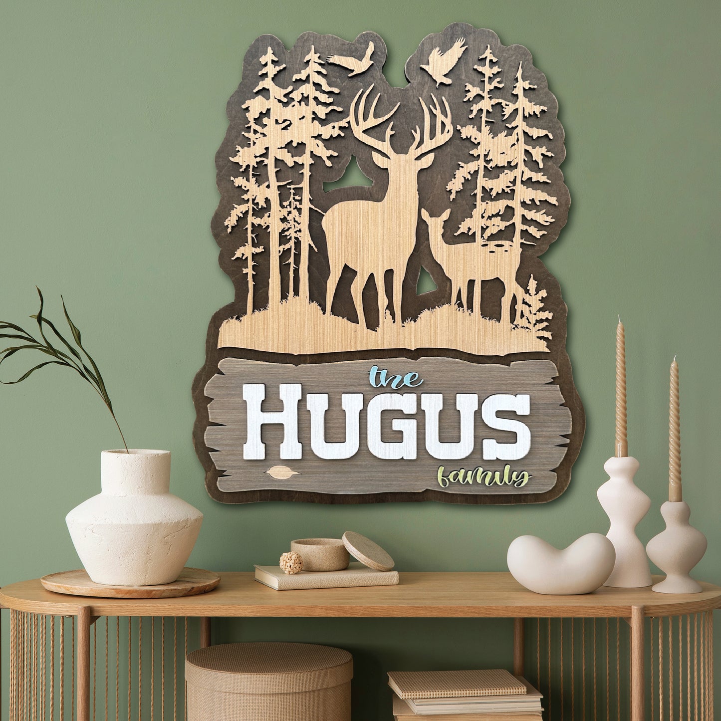 Personalized Rustic Whitetail Buck and Doe Wood Sign