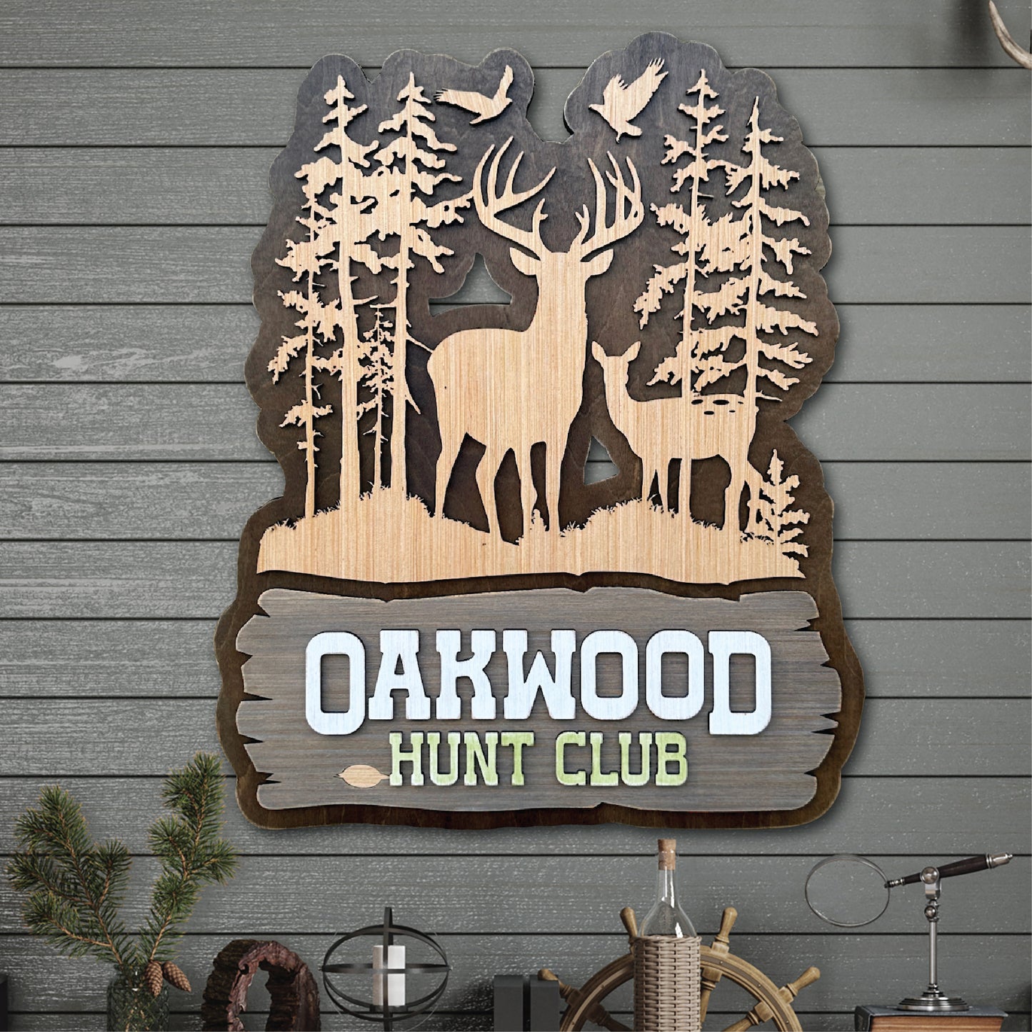 Personalized Rustic Whitetail Buck and Doe Wood Sign