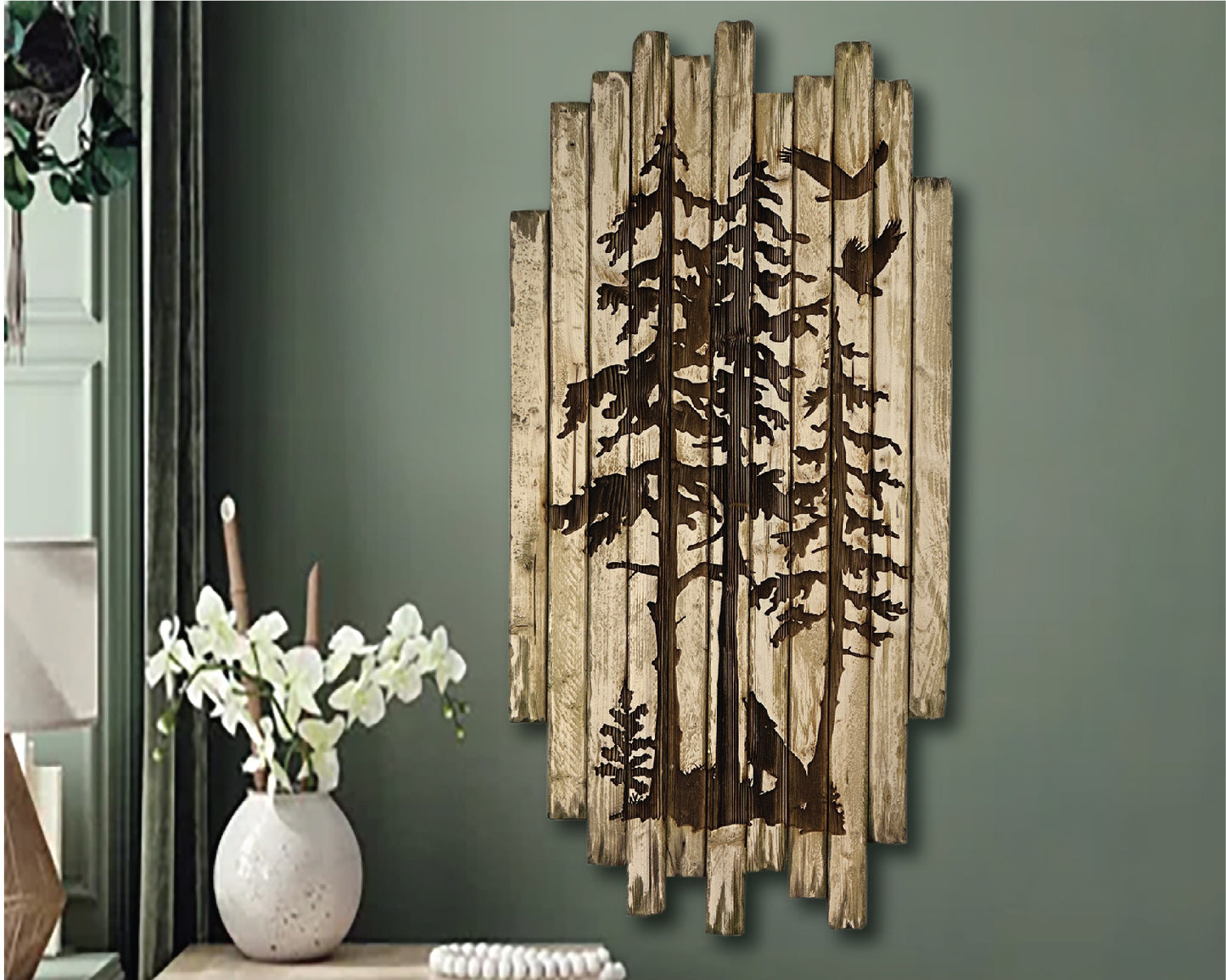 Extra Large Pines and Wolf Rustic Wall Art