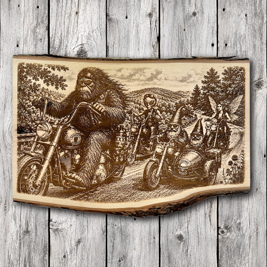 Handcrafted live edge engraved wood wall art depicting Bigfoot riding a motorcycle alongside an alien biker, woodland gnomes in a motorcycle sidecar, and a fairy riding through a scenic mountain forest.