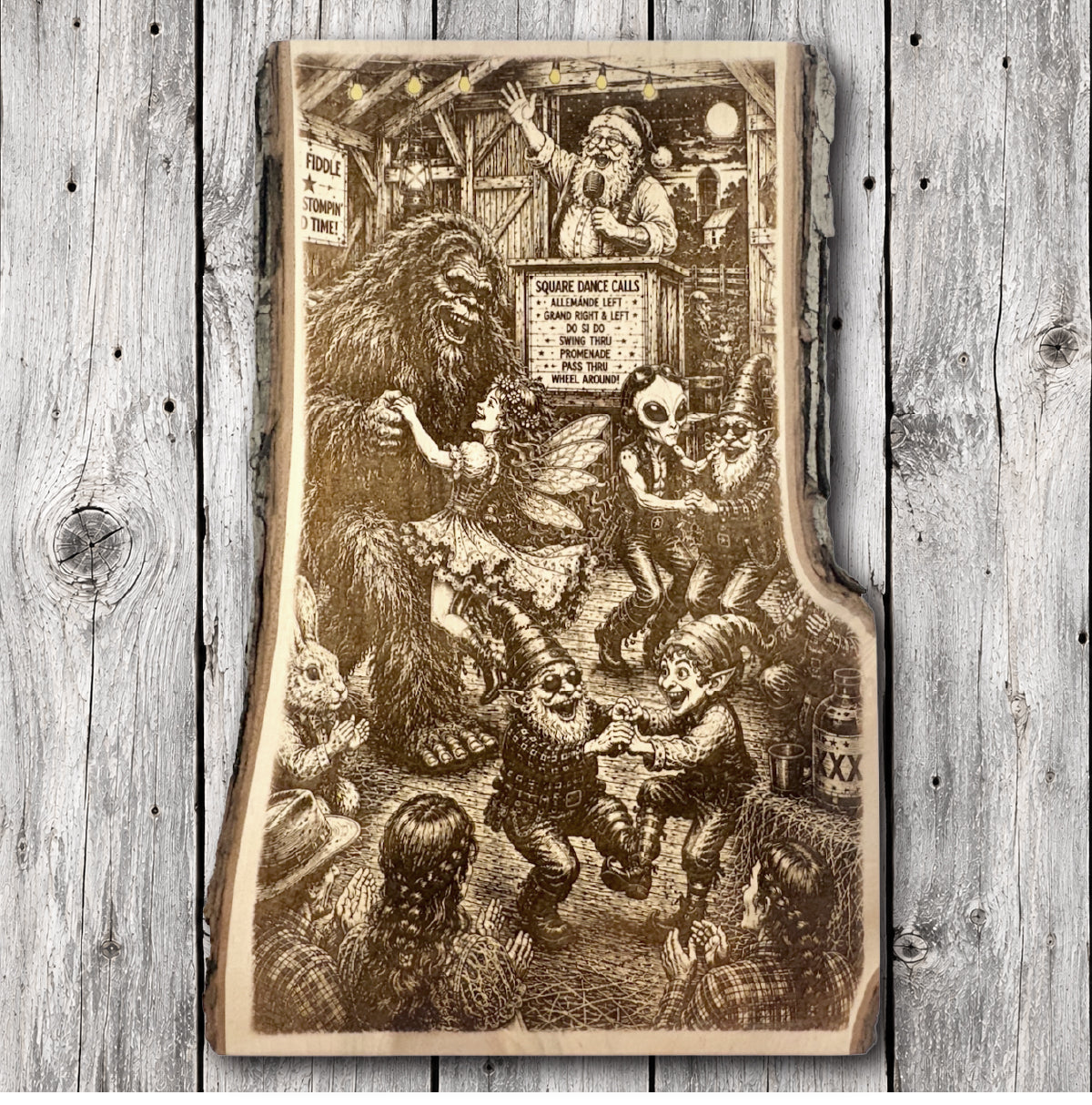 Live edge hardwood wall art featuring Bigfoot square dancing with a fairy, elves, and an alien while Santa Claus calls the dance inside a rustic barn.