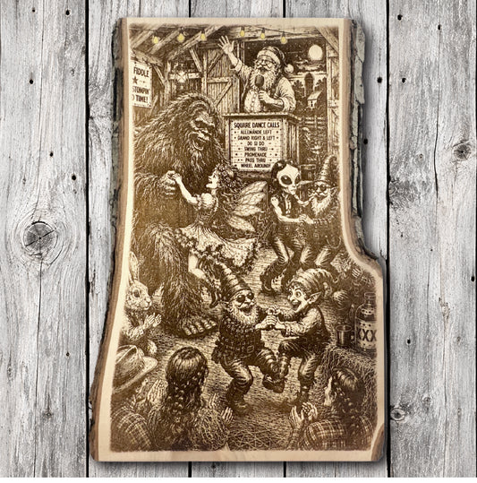 Live edge hardwood wall art featuring Bigfoot square dancing with a fairy, elves, and an alien while Santa Claus calls the dance inside a rustic barn.