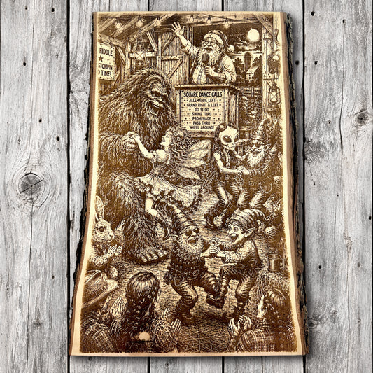 Bigfoot square dancing with a fairy while elves and an alien dance nearby, with Santa Claus calling the dance in a rustic barn, laser engraved on live edge wood.