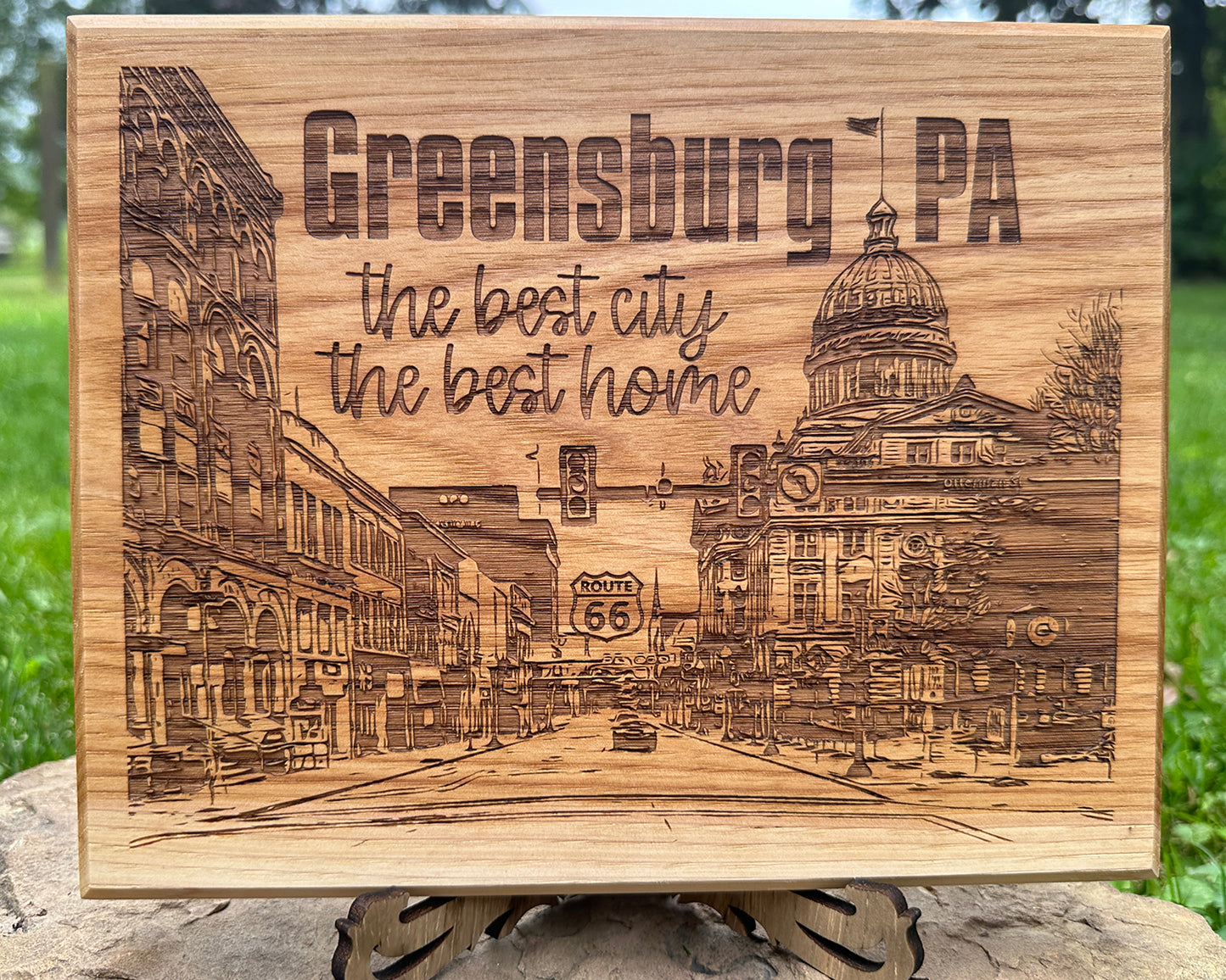 Engraved Downtown Greensburg Scene on Hickory