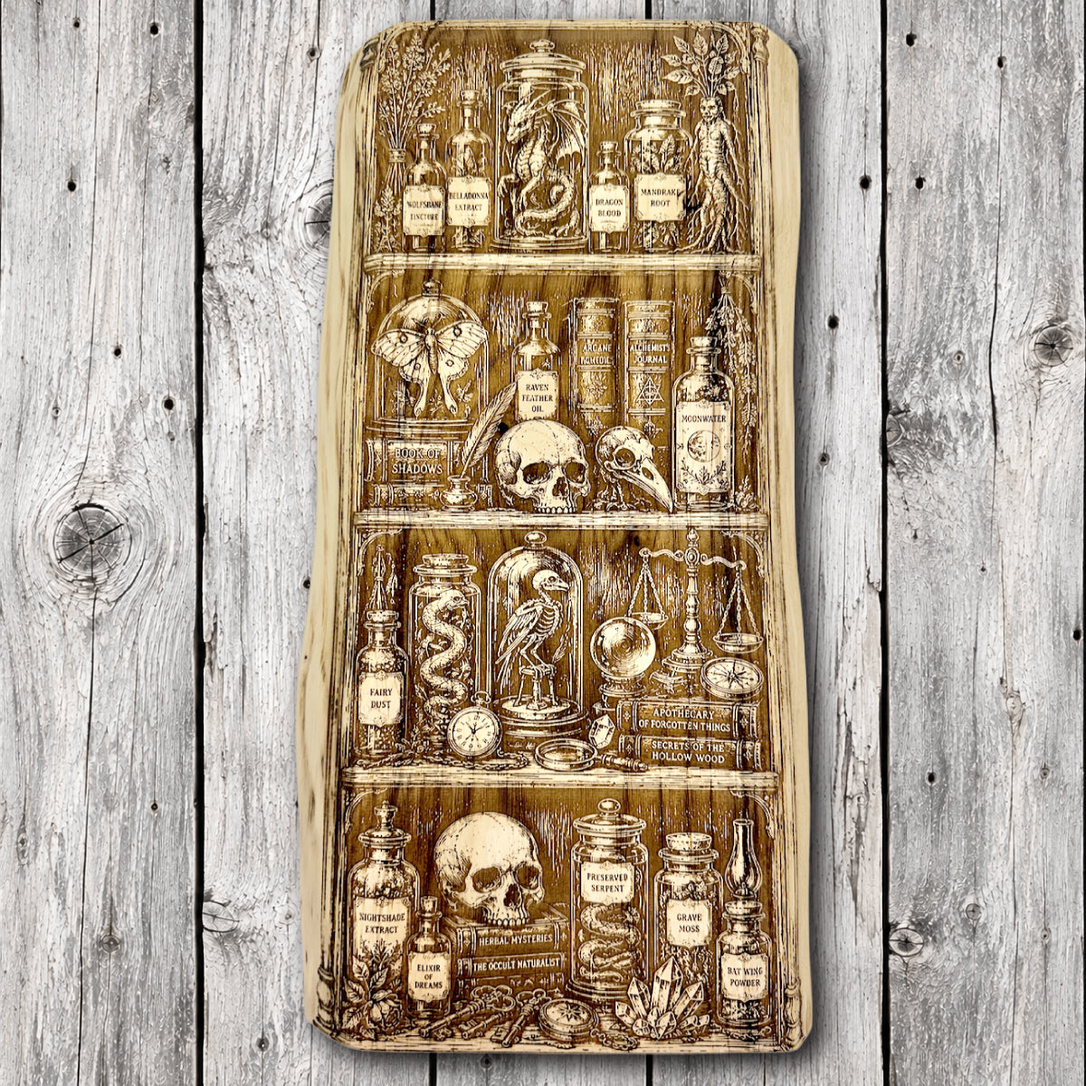 Handcrafted live edge wood wall art featuring a detailed laser engraving of a mystical apothecary cabinet filled with potion bottles, skulls, spellbooks, preserved creatures, and magical artifacts.