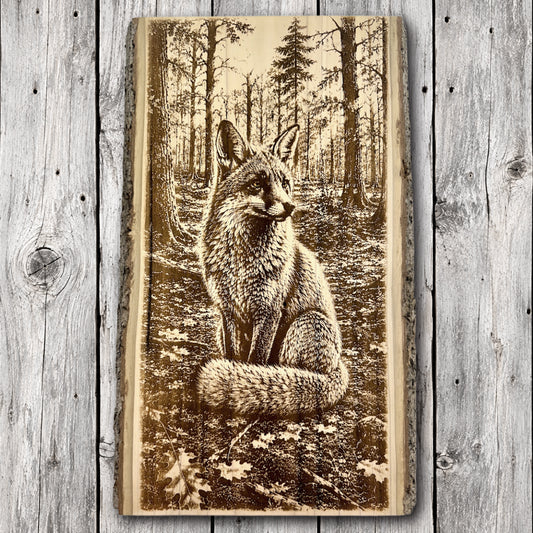 Realistic red fox sitting in a woodland forest surrounded by tall trees and autumn leaves, laser engraved on natural live edge hardwood with rustic bark edges.