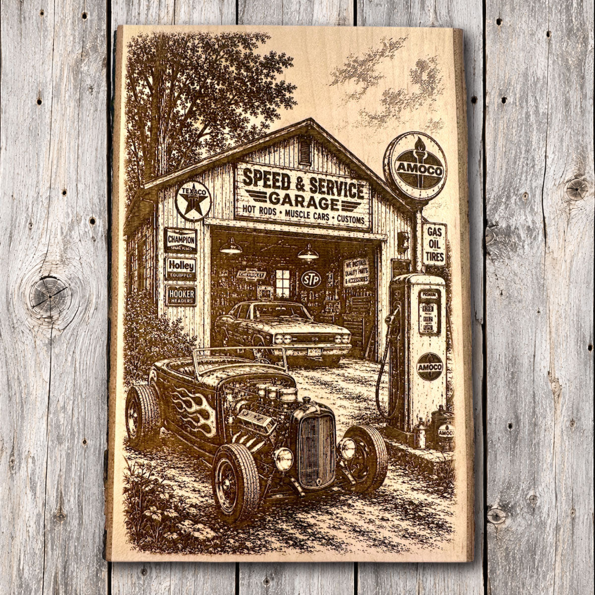 Vintage hot rod garage with classic muscle car, custom hot rod and antique gas pump laser engraved on natural live edge hardwood wall art.